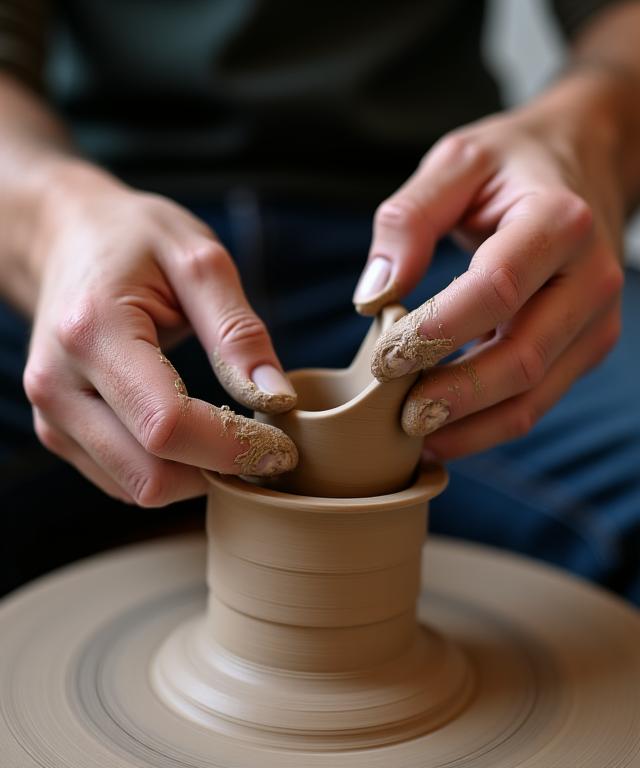 ろくろの上で粘土を慎重に形作る職人の手