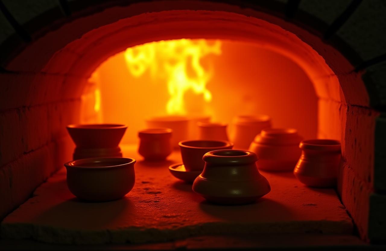 熱で赤く輝く窯の中で焼成される陶器