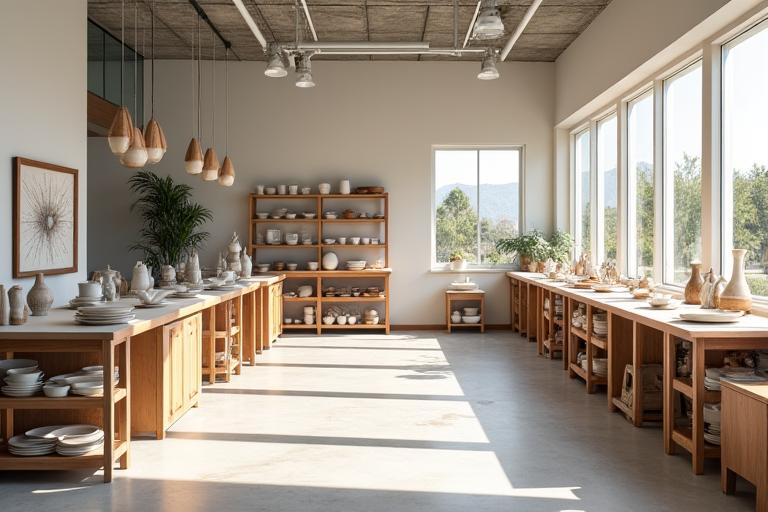 自然光が差し込む、整理された美しい工房の内部