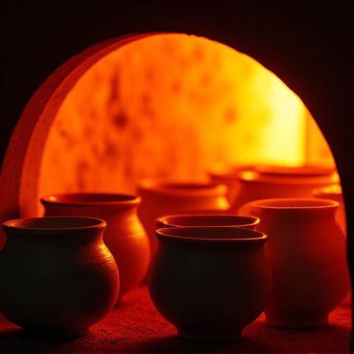 窯の中で赤く熱せられる陶器群
