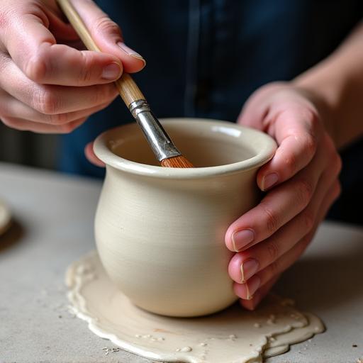 素焼きされた器に釉薬をかける職人