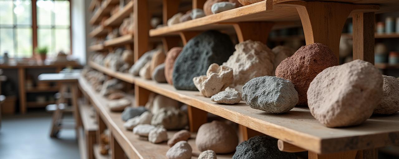 工房の棚に並べられた天然鉱物と粘土